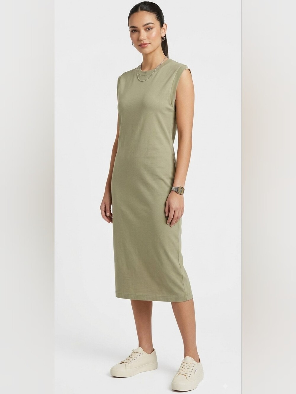 Vintage Y2K 90's CK Calvin Klein Jeans Khaki Green Midi Sheath Dress M